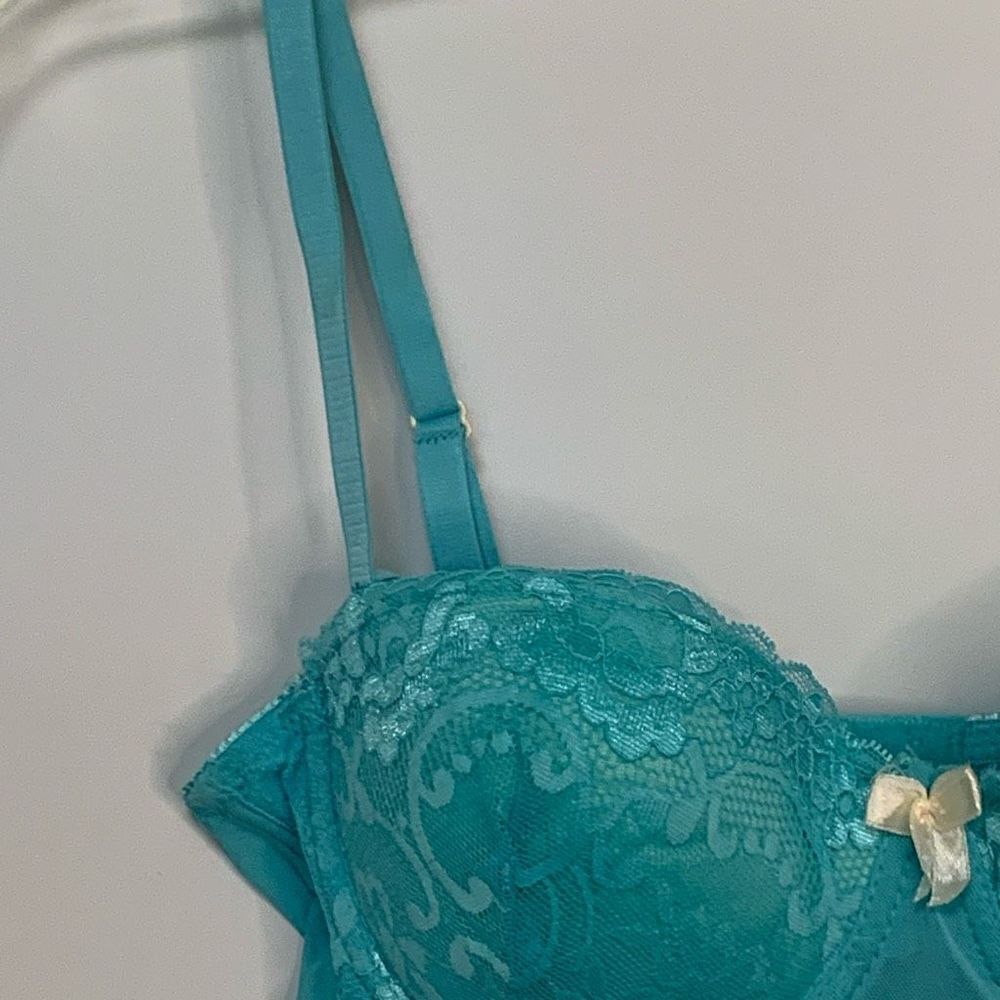 Black Fuschia By Secret Lace Allover Lave Longline Bra Teal Size 34B - Picture 3 of 7